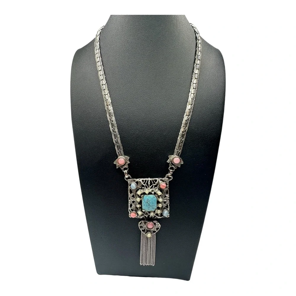 Vintage Etruscan Choker Necklace Tassel Heart Silver Tone Unsigned MCM Statement